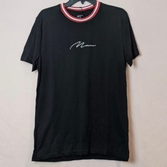 Boohoo Man Black Signature Tee with Sports Rib Neckline size Medium - Picture 1 of 7